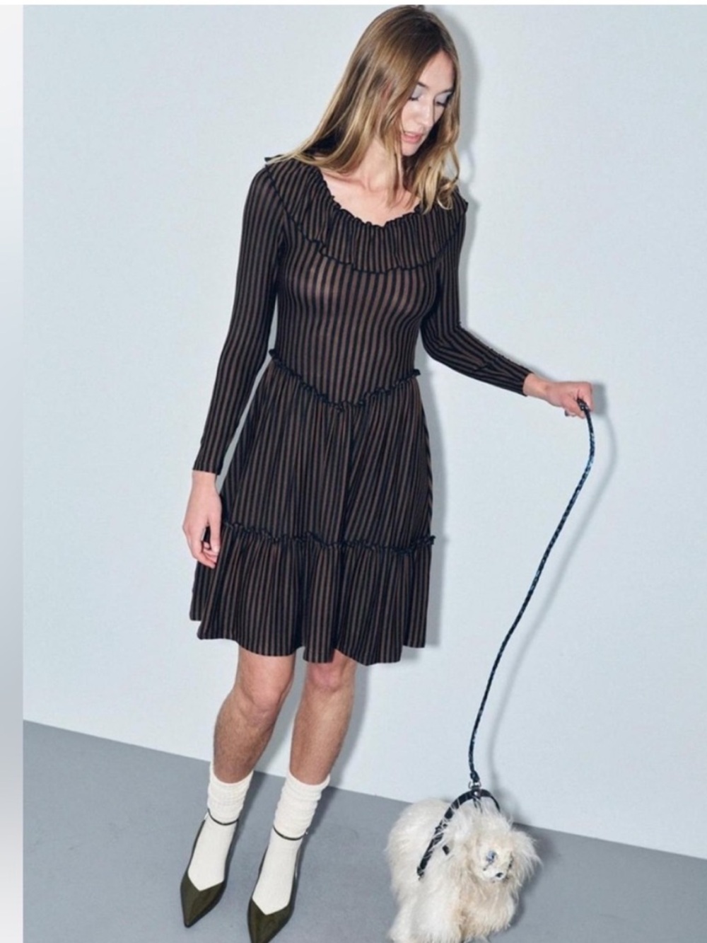XS Fashion Brand Company Brown/Black Stripe Tencel/Wool Ruffle Midi Dress